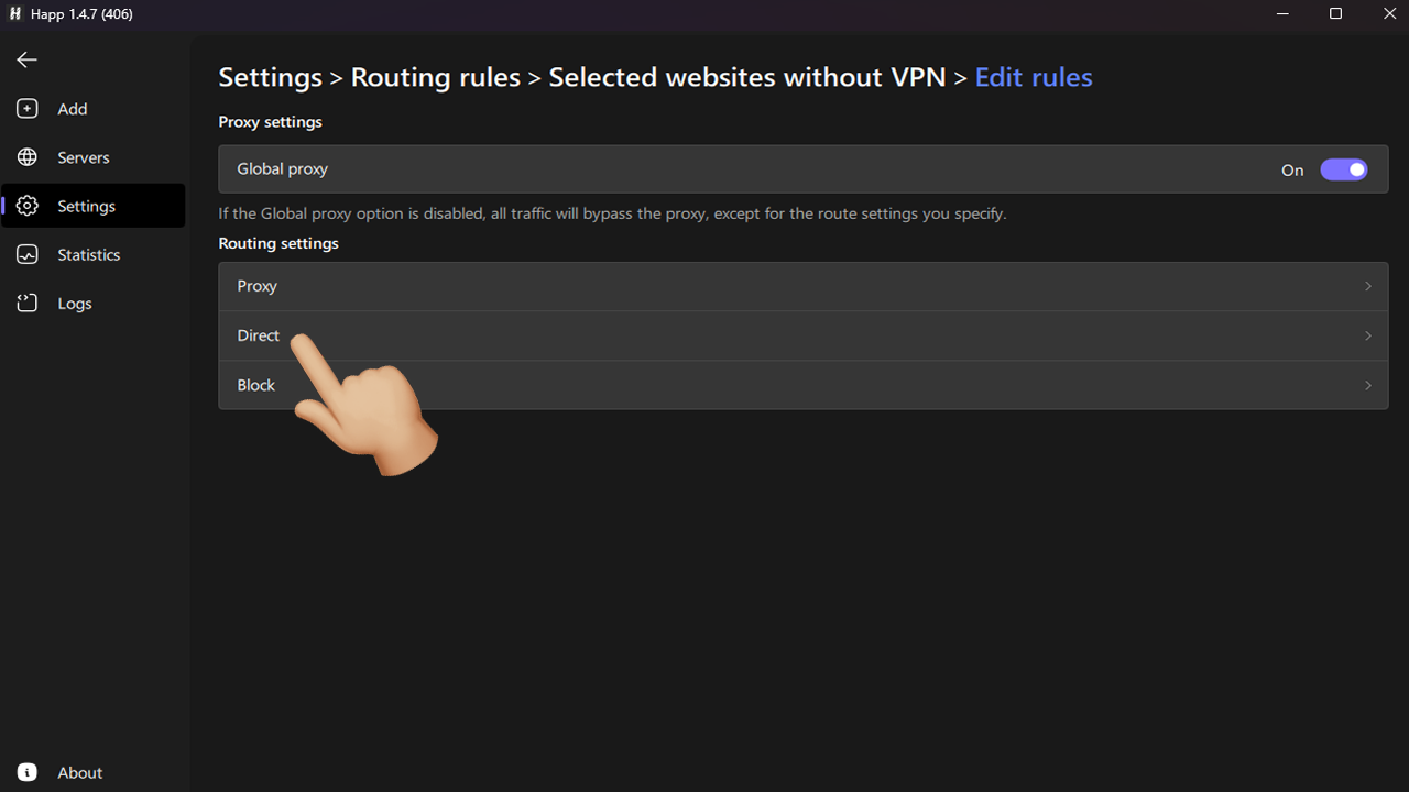 happ routing rules editing, direct