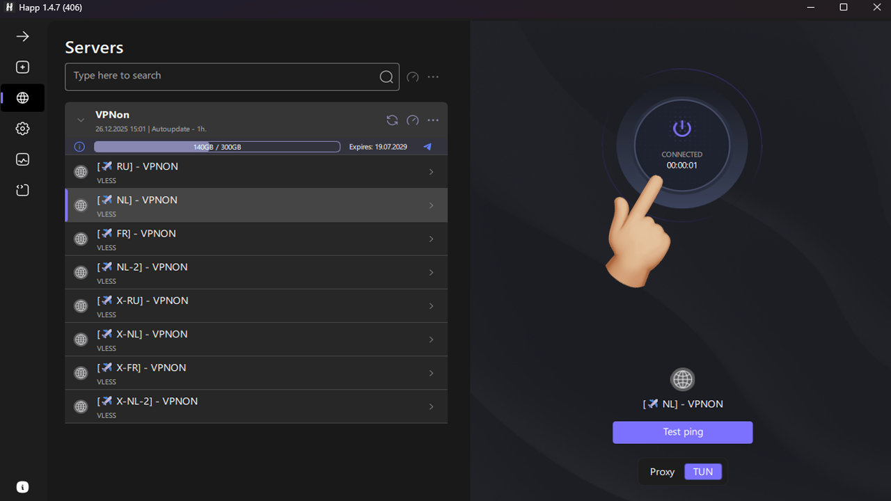 Connecting VPN in happ app on Windows