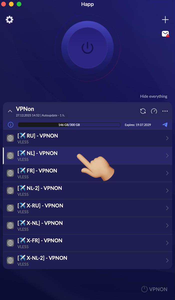 Menghubungkan VPN di aplikasi happ pada macOS