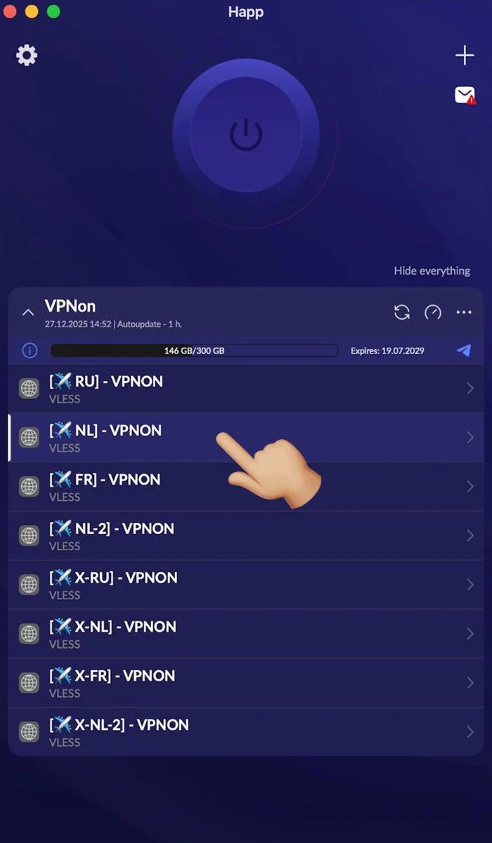 Menghubungkan VPN di aplikasi happ pada macOS