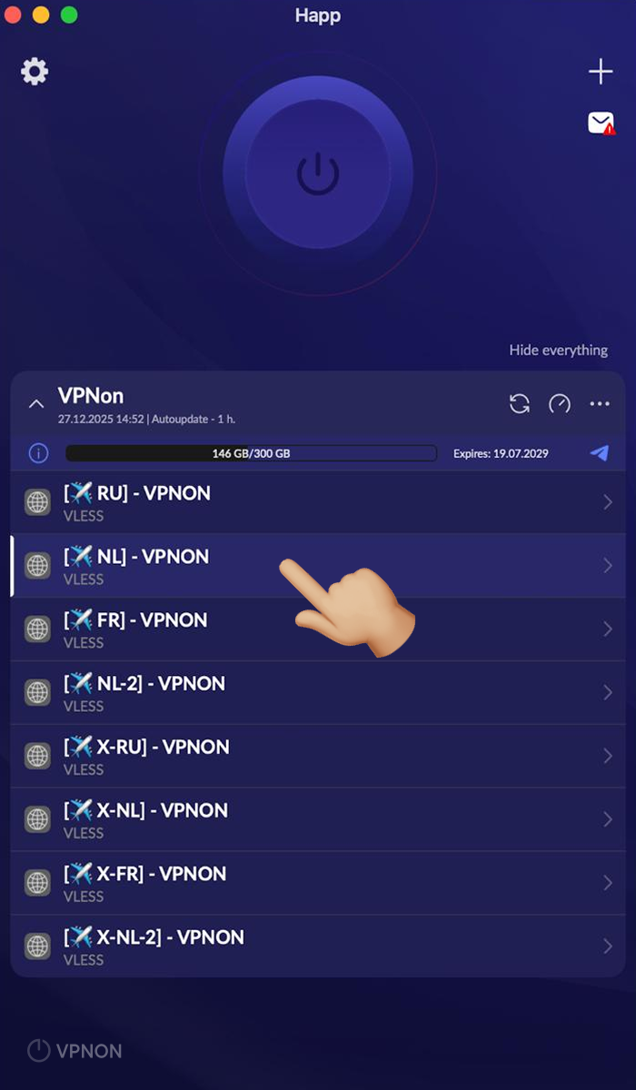 macOS'te happ uygulamasında VPN bağlantısı