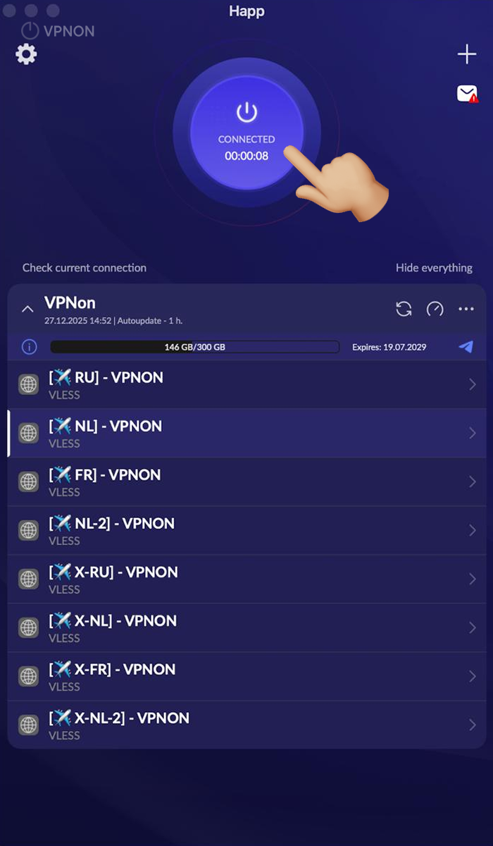 macOS'te happ uygulamasında VPN bağlantısı